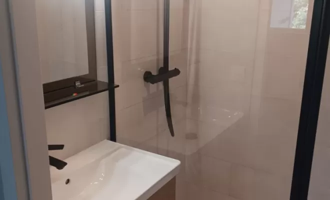Pose de bac extra plat,colune de douche plus paroi de verre